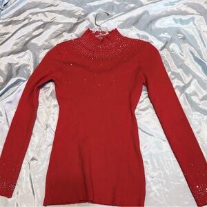 Red Ribbed Long Sleeve Sweater with Rhinestone Detail
